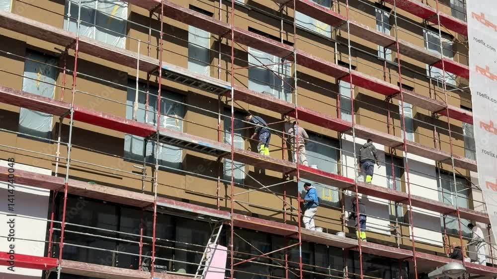 scaffolded apartment buildings with plastering craftsmen scaffolded apartment buildings with plastering craftsmen