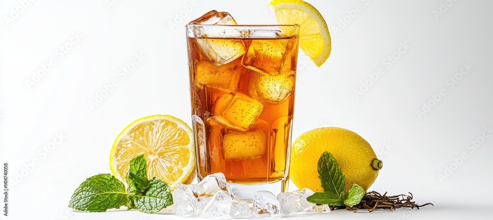 Iced amber tea with lemon and mint on a clean white background