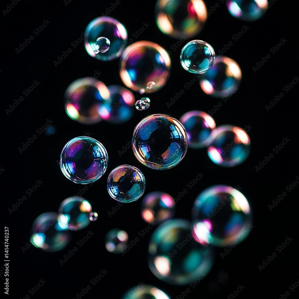 Naklejka premium Bubbles floating in the air reflecting colorful light against a dark background during a playful afternoon