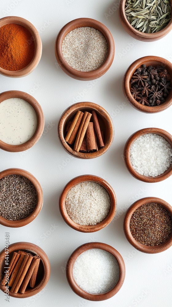 Traditional mexican spices arranged in modern dishes on light background