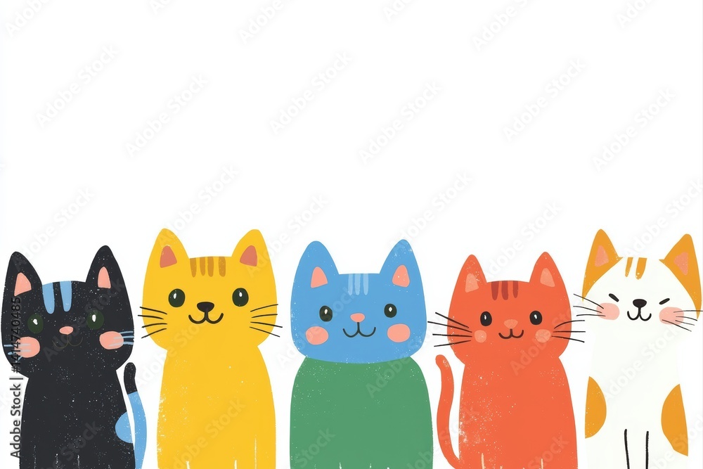 Seven colorful cartoon cats lined up on a white background
