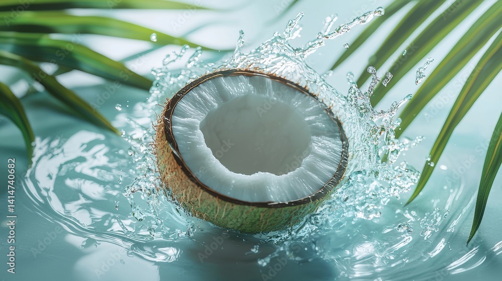 Dynamic splash of coconut bliss framed by lush greenery