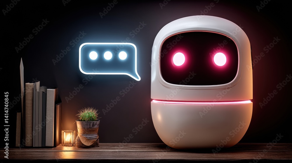 Futuristic minimalist robot in a purplelit digital workspace