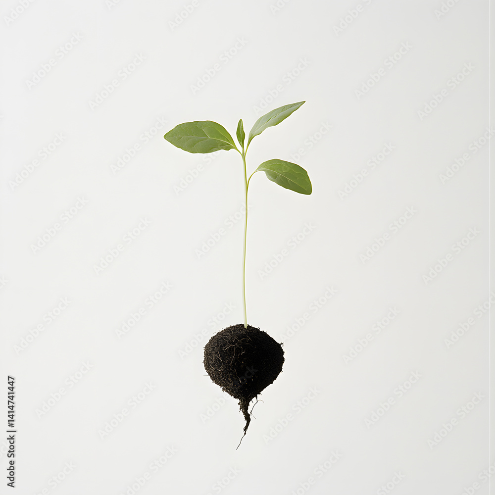 Single leafy green sprout growing from soil, isolated in minimalist floating position against white background, captured to express natural growth, renewal, and organic life from earth.