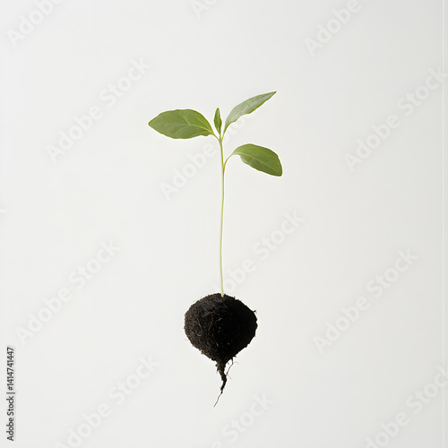 Obraz na płótnie Single leafy green sprout growing from soil, isolated in minimalist floating position against white background, captured to express natural growth, renewal, and organic life from earth. w salonie