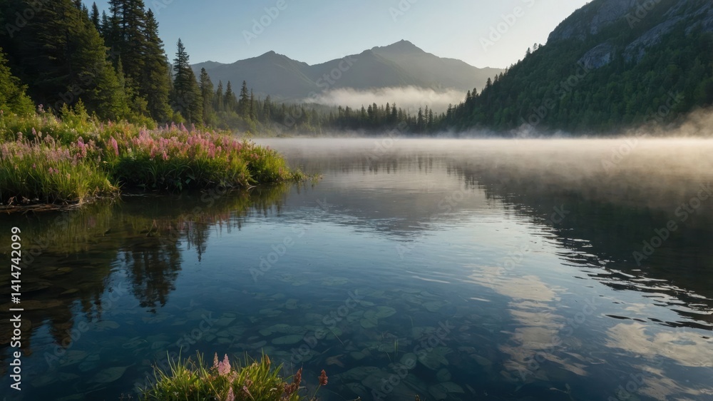 Fototapeta premium Exploring the Tranquil Lake in Foggy Mountain Landscape at Sunrise
