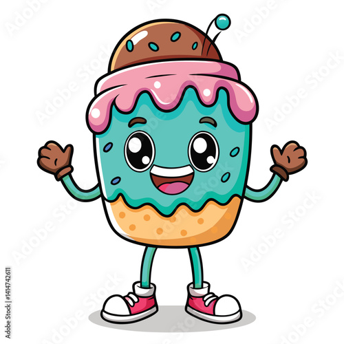Cute cartoon cupcake character with icing and a chocolate topping, wearing sneakers, giving a joyful expression