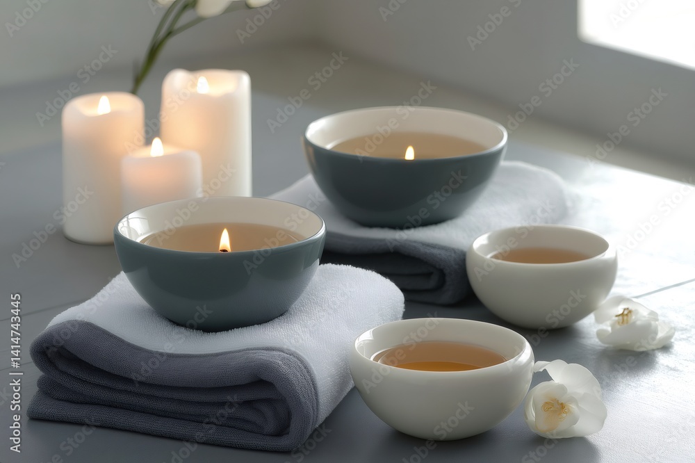 Burning candles, teacups and soft towels create a tranquil atmosphere for a spa treatment Burning candles, teacups and soft towels create a tranquil atmosphere for a spa treatment