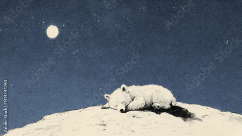 Polar Bear Sleeping Illustration: Dreamy Polar Bear Sleeping Under Night Sky in Woodblock Print Illustration Style with Moon, Stars, and Peaceful Atmosphere – Surreal Cute Animal Artwork