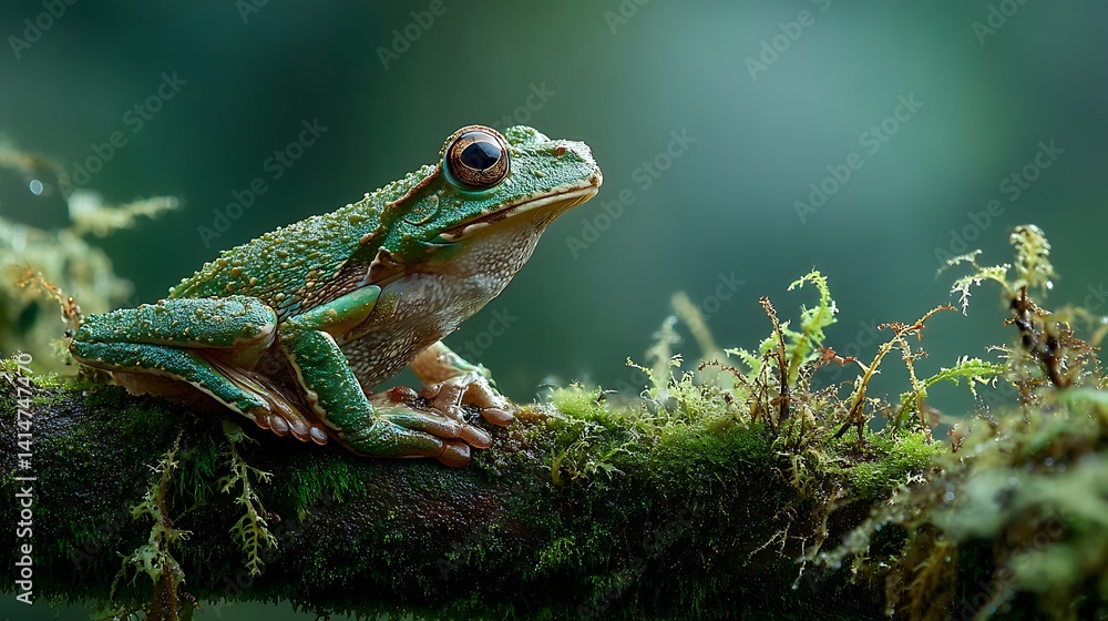 Obraz premium Green frog on mossy branch