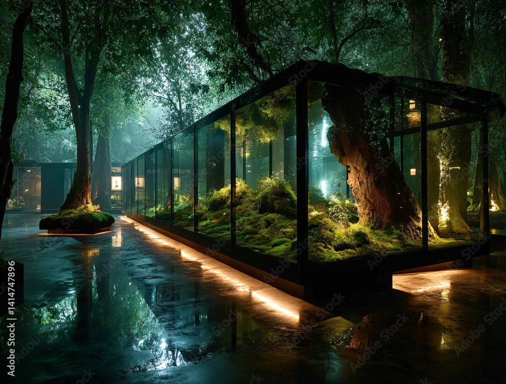 Fototapeta premium Tranquil Forest Scene with Glass Pavilion and Soft Ambient Light