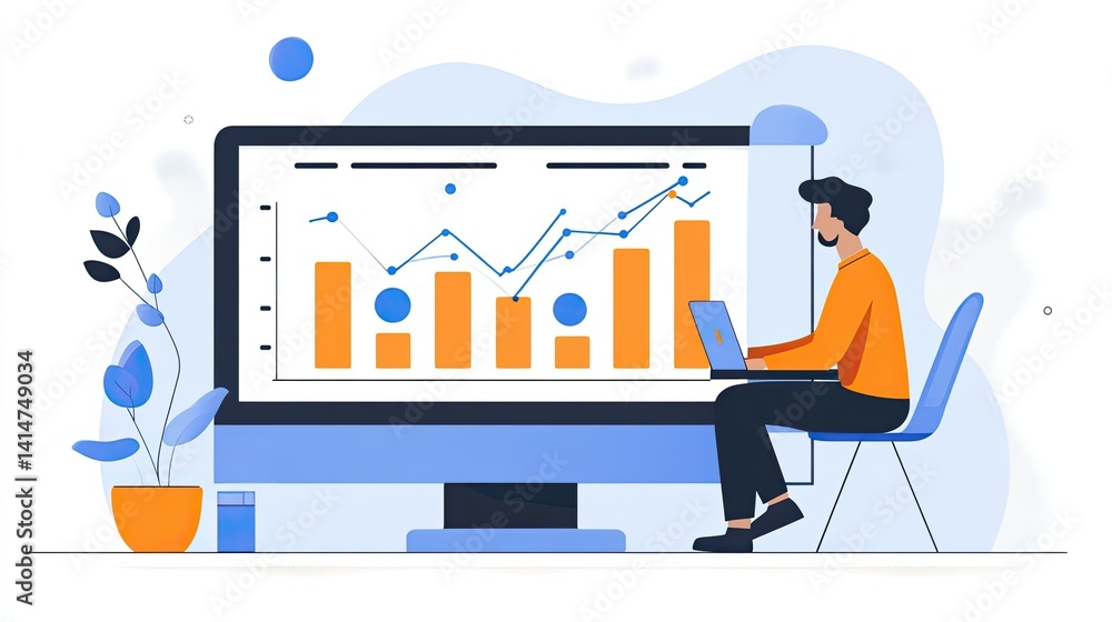 Data Analysis to Increase Sales and Revenue, Man Working on Laptop with Growing Graph for Business Development Concepts Data Analysis to Increase Sales and Revenue, Man Working on Laptop with Growing Graph for Business Development Concepts