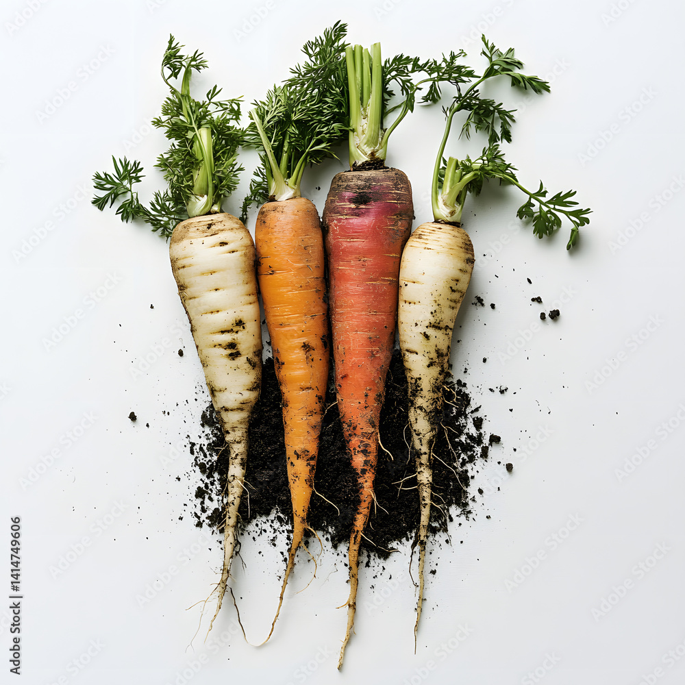 Freshly pulled root vegetables including carrots and parsnips with rich soil still clinging to them, arranged on white background to emphasize harvest season, freshness, farm-to-kitchen connection.
