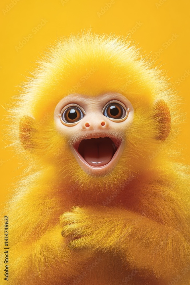 Fototapeta premium Surprised golden monkey with big eyes and open mouth portrait, isolated on yellow background