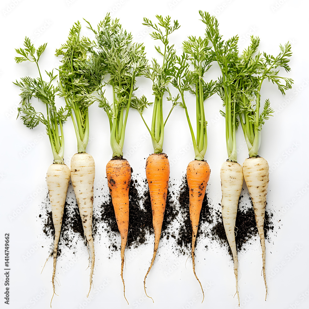 Freshly pulled root vegetables including carrots and parsnips with rich soil still clinging to them, arranged on white background to emphasize harvest season, freshness, farm-to-kitchen connection.