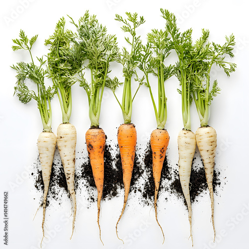 Freshly pulled root vegetables including carrots and parsnips with rich soil still clinging to them, arranged on white background to emphasize harvest season, freshness, farm-to-kitchen connection.