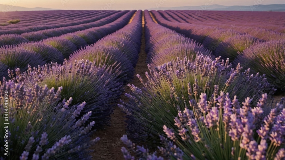 Obraz premium Lavender Field Blooming at Dusk Rows of Purple Flowers Landscape