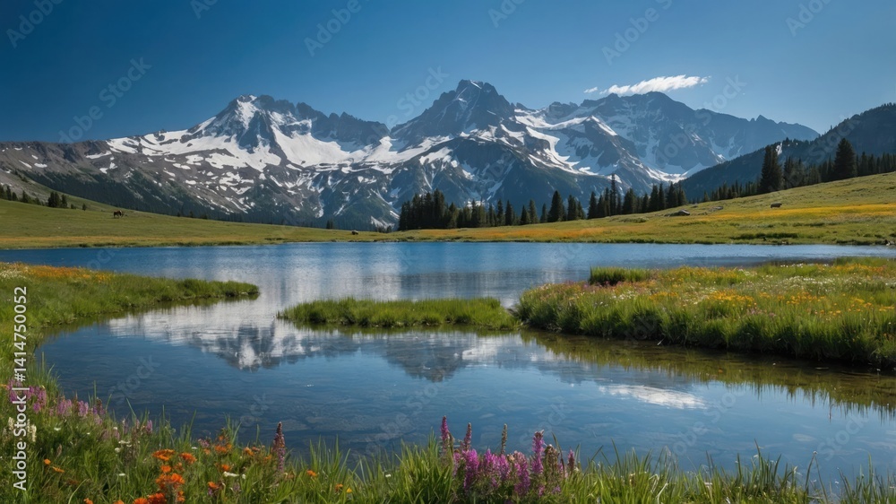 Scenic Mountain Lake Reflecting Snow-Capped Peaks and Wildflower Meadow Scenic Mountain Lake Reflecting Snow-Capped Peaks and Wildflower Meadow