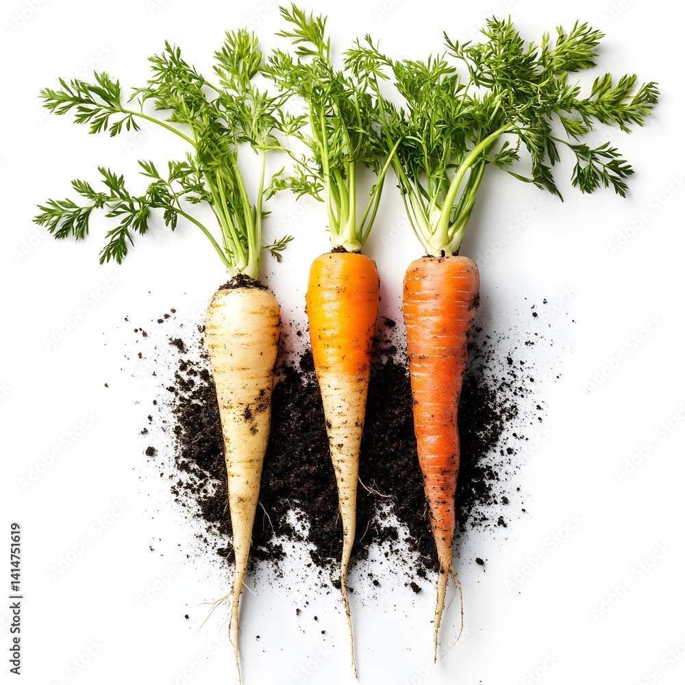 Freshly pulled root vegetables including carrots and parsnips with rich soil still clinging to them, arranged on white background to emphasize harvest season, freshness, farm-to-kitchen connection.
