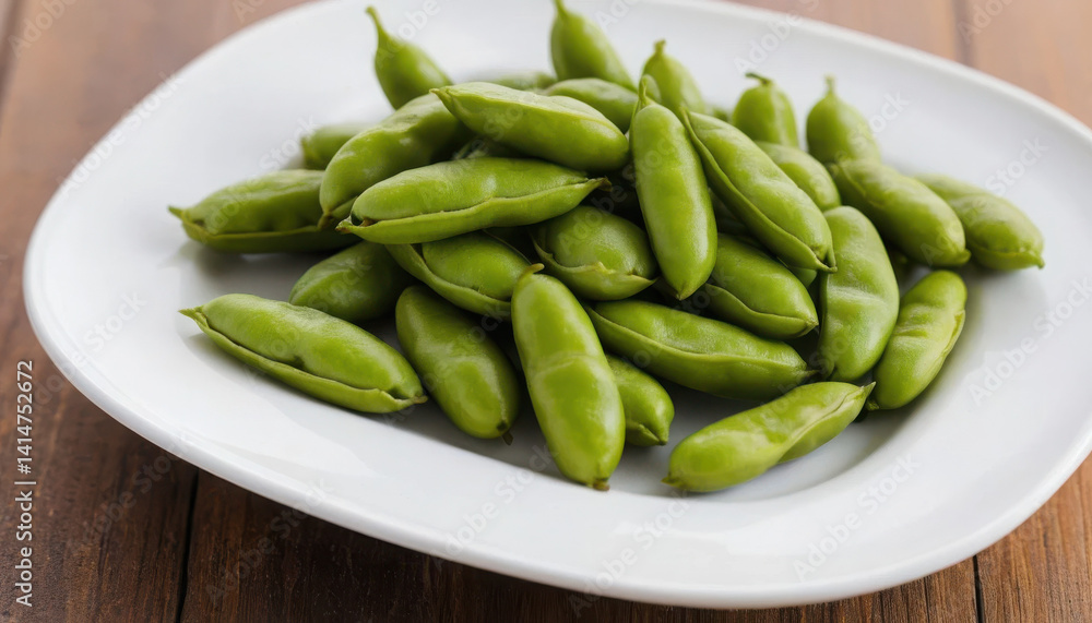 A plate of fresh, green edamame pods arranged neatly, showcasing their vibrant color and healthy appeal. A plate of fresh, green edamame pods arranged neatly, showcasing their vibrant color and healthy appeal.