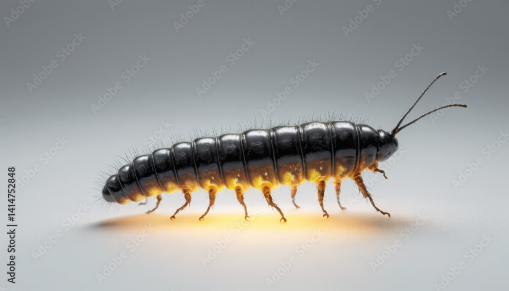 A close-up of a shiny, black insect-like creature with segmented body and glowing underbelly, showcasing intricate details and textures. A close-up of a shiny, black insect-like creature with segmented body and glowing underbelly, showcasing intricate details and textures.