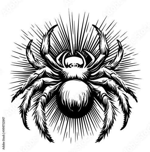 Artistic Black and White Spider Engraving with Radiating Lines