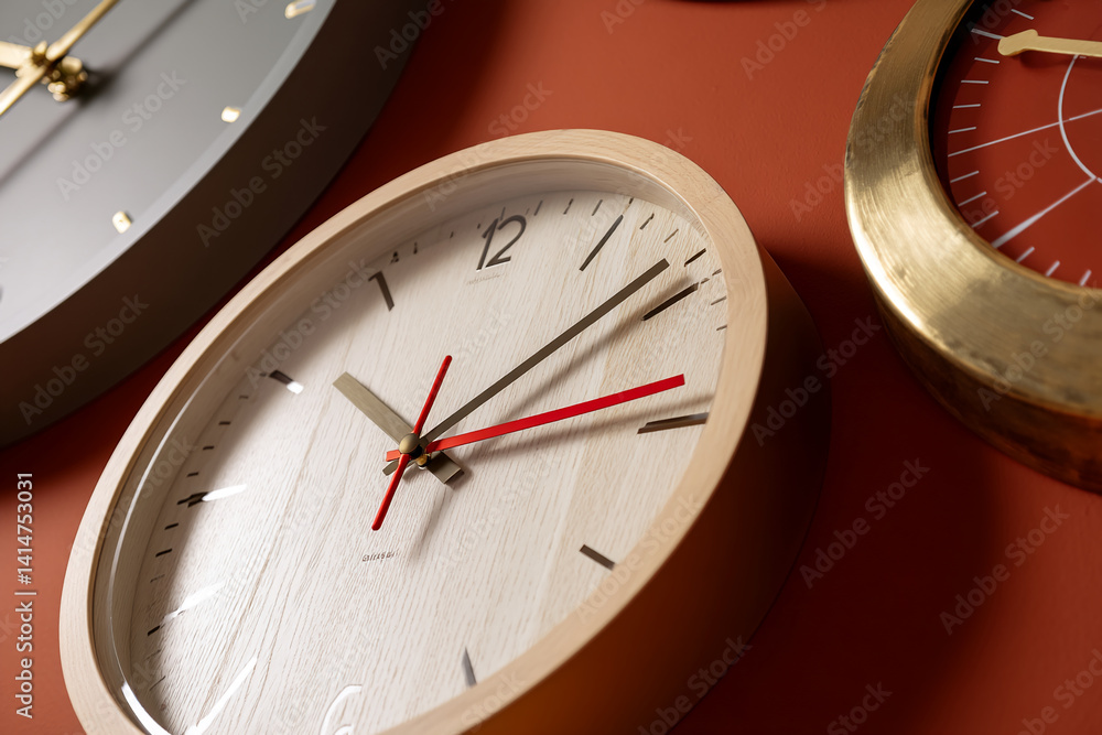 Naklejka premium Close-up of three round clocks on a red wall, showcasing different materials and colors: wood, gray, and brass, representing time, style, and modern home decor