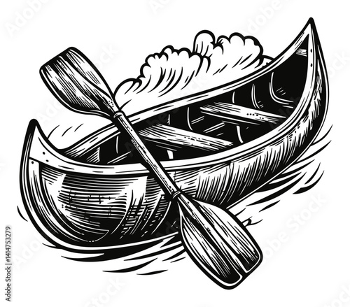 Detailed Engraving of a Vintage Canoe with Oars on Water Surface