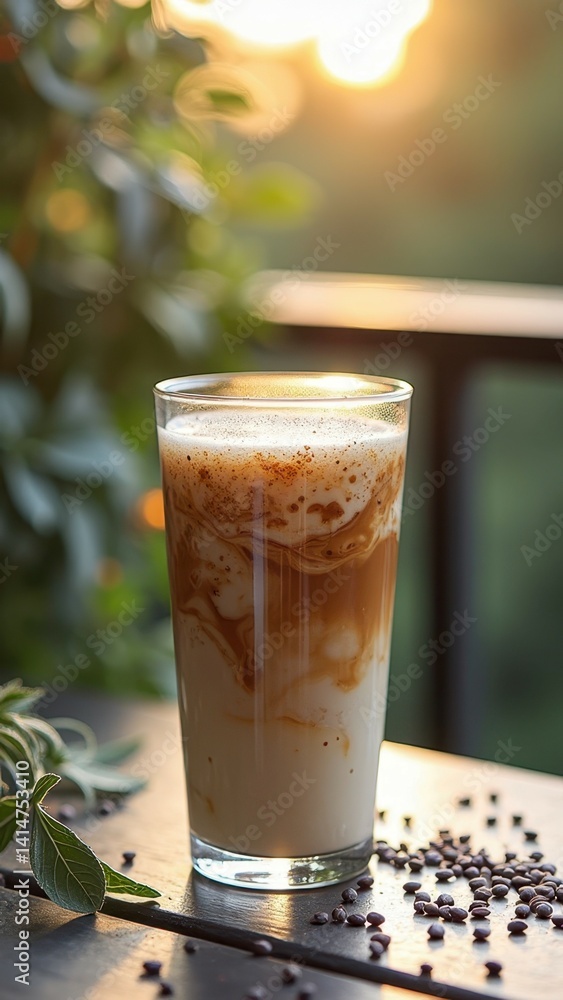 Iced latte in sunlit outdoor setting with coffee beans and greenery Iced latte in sunlit outdoor setting with coffee beans and greenery