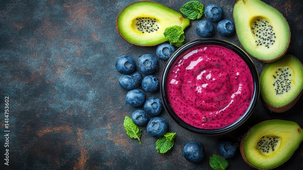 Colorful Berry Smoothie with Avocado and Blueberries on Dark Surface Colorful Berry Smoothie with Avocado and Blueberries on Dark Surface