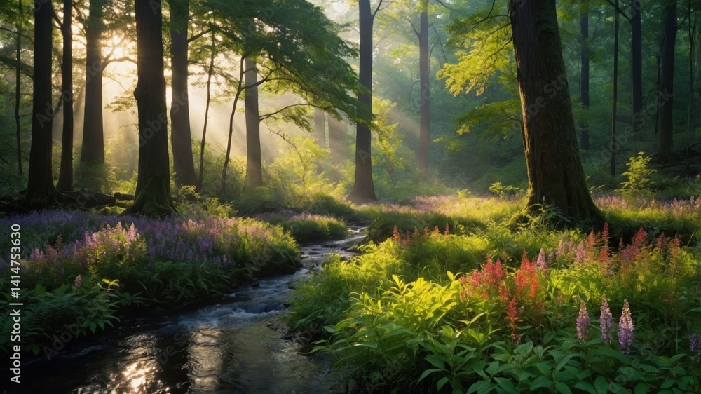 Obraz premium Flowing Stream Through Lush Forest with Sunlight and Blooming Flowers