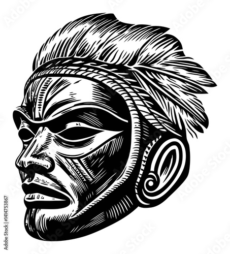 Detailed Black and White Woodcut Illustration of a Tribal Face