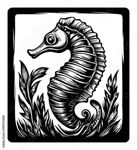 Intricate Woodcut Style Seahorse in Nature Inspired Design photo