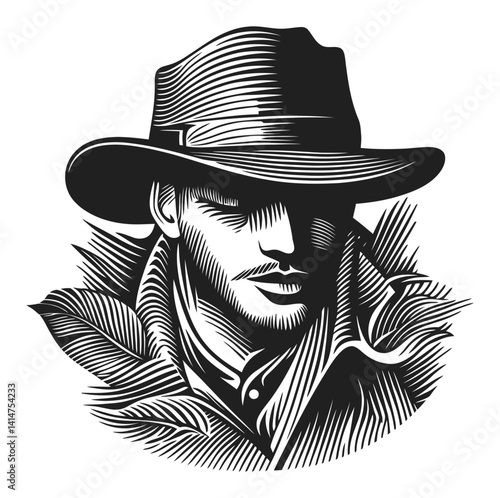 Intricate Black and White Woodcut of a Man in a Hat and Coat