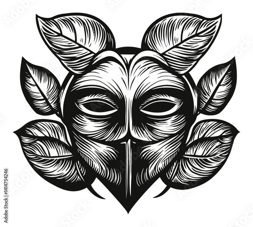 Intricate Engraving of a Stylized Mask Surrounded by Leaves