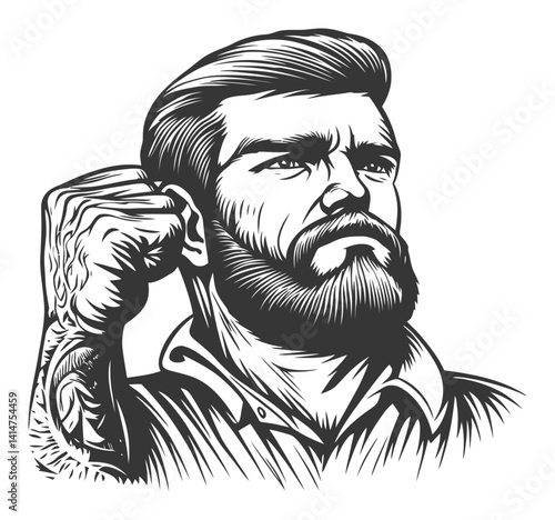 Powerful Black and White Engraving of a Determined Man with Beard