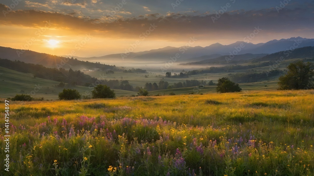 Obraz premium Sunrise over Mountain Valley with Fog and Wildflowers in Meadow