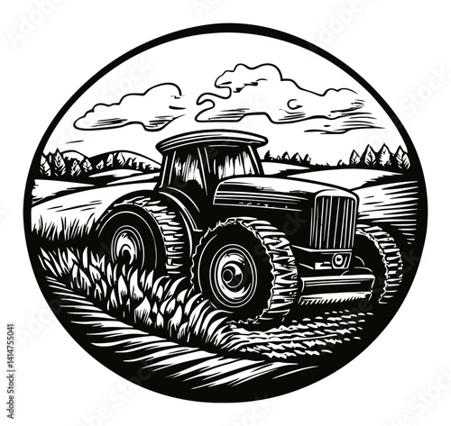 Vintage Tractor Woodcut Engraving in Agricultural Landscape Design