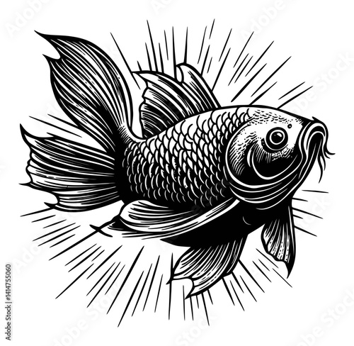 Detailed Engraving of a Goldfish in Vintage Woodcut Style