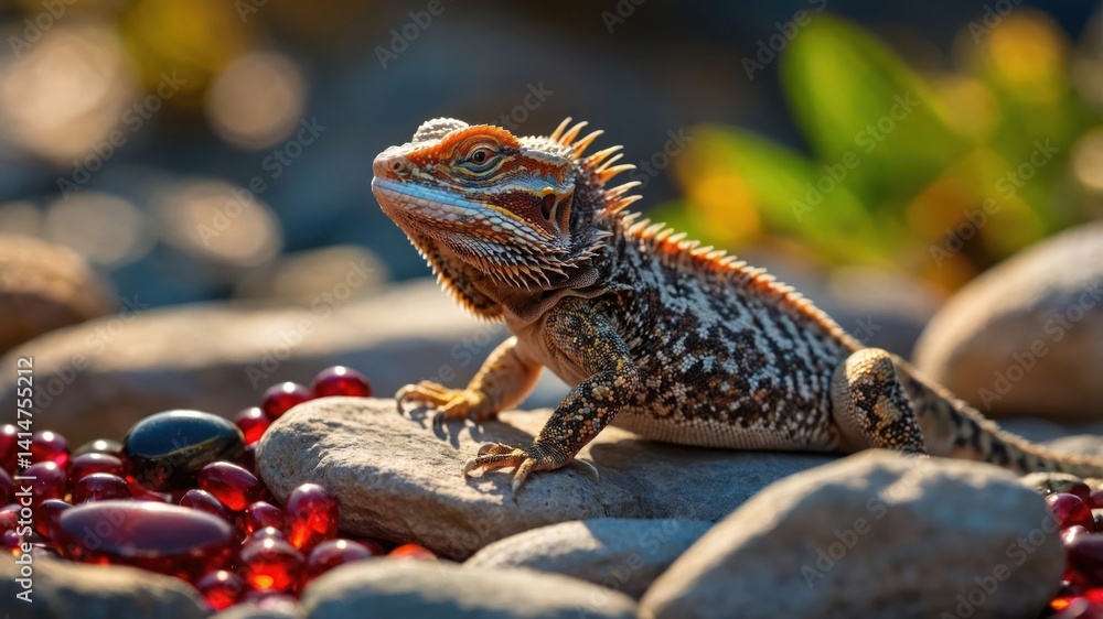 Obraz premium Bearded Dragon Standing on Rocks with Red Gems in Sunlight