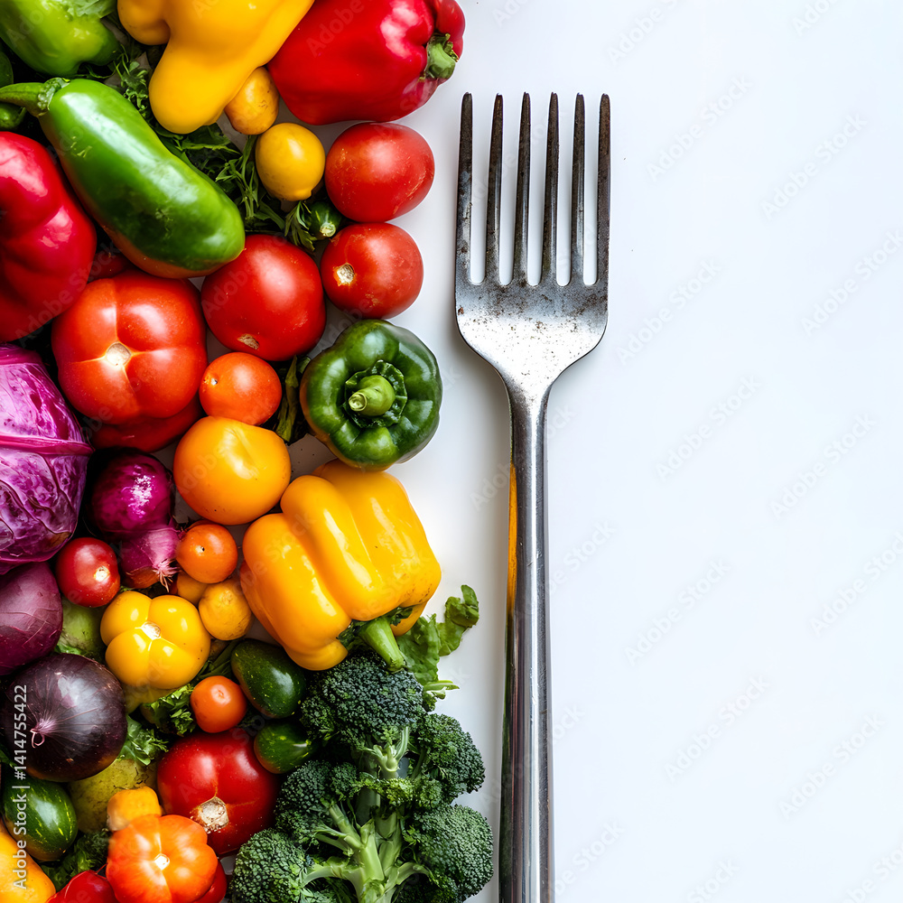 Gardening fork placed beside vibrant assortment of freshly harvested vegetables on white background, symbolizing seasonal work, farm-to-table living, and colorful organic abundance from garden.