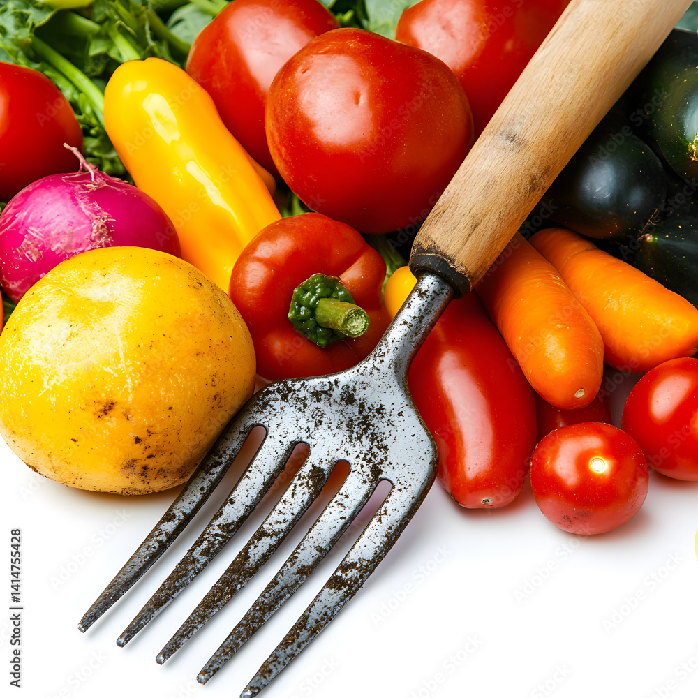 Gardening fork placed beside vibrant assortment of freshly harvested vegetables on white background, symbolizing seasonal work, farm-to-table living, and colorful organic abundance from garden.