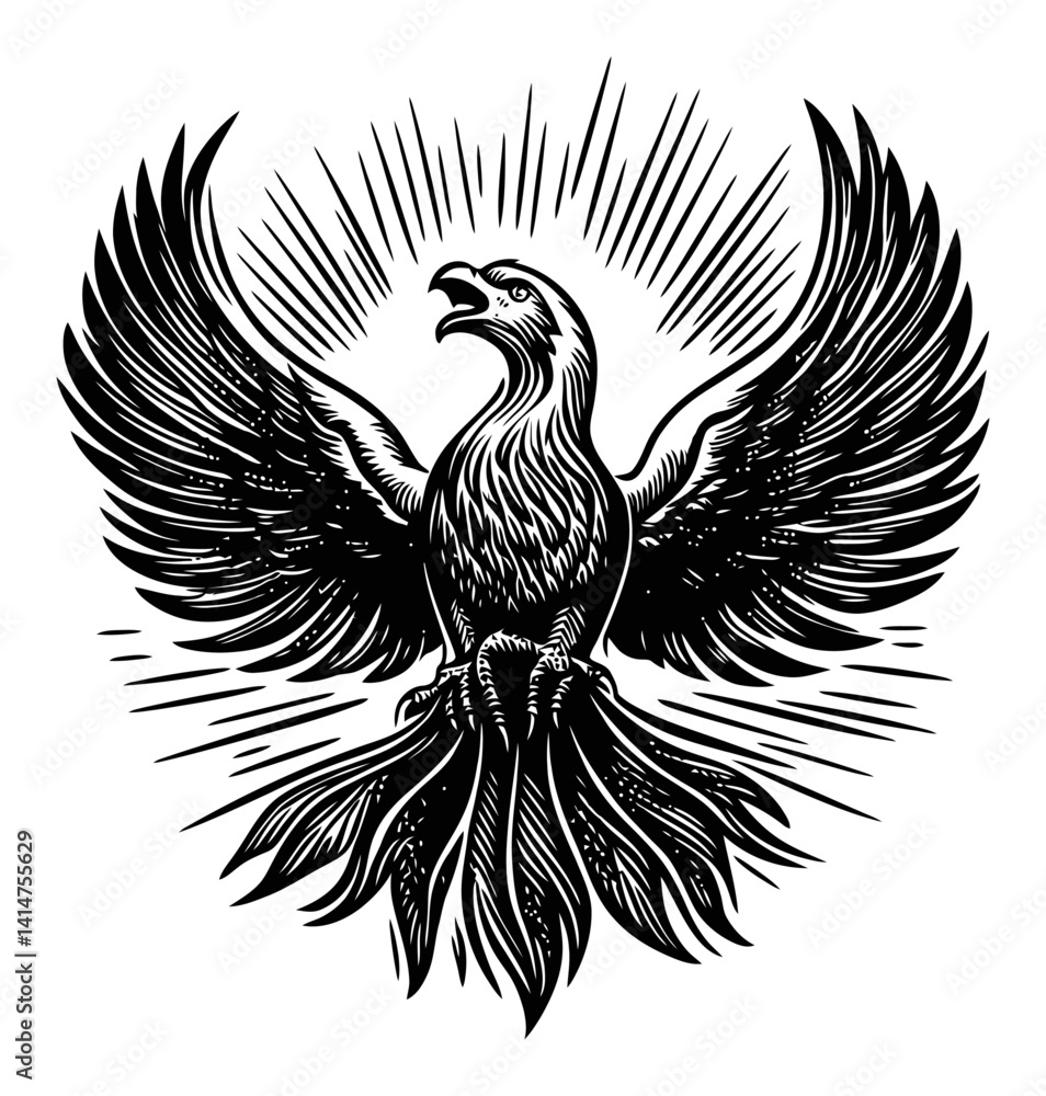 Obraz premium Detailed Engraving of a Majestic Phoenix Rising from Ashes