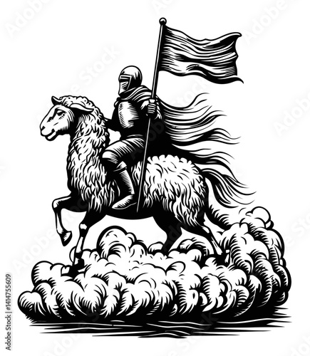 Knight on Horseback in a Dramatic Woodcut Style Illustration