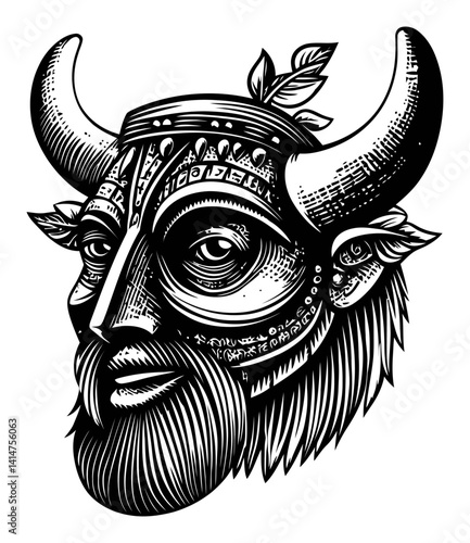 Intricate Woodcut Illustration of a Horned Figure with Leaves