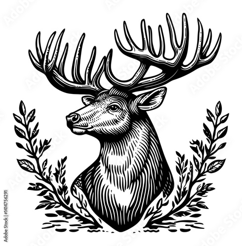 Detailed Engraving of a Majestic Stag with Antlers and Foliage