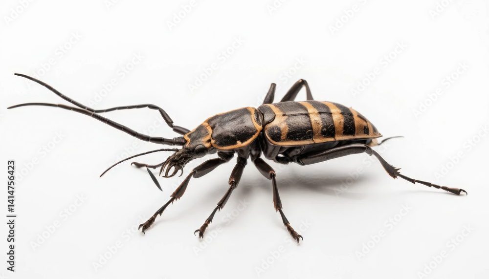 A close-up view of a black and yellow striped beetle, showcasing its intricate body structure and long antennae against a plain background. A close-up view of a black and yellow striped beetle, showcasing its intricate body structure and long antennae against a plain background.