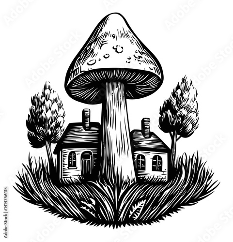 Whimsical House Beneath Large Mushroom Woodcut Engraving Design