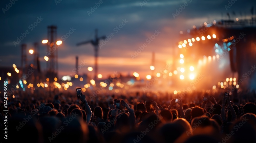 Obraz premium Enjoying Live Music Event Crowd with Stage Lights and Evening Sky