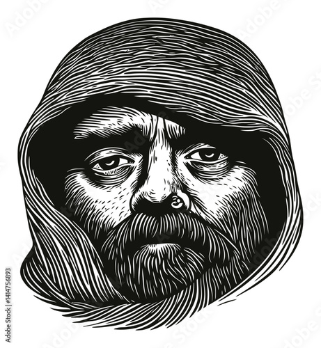 Detailed Woodcut Portrait of a Man with Hooded Cloak Expression